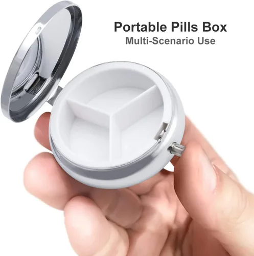 Vista 8 de Pastillero de viaje pequeño, pastillero redondo de metal para bolso de bolsillo, 3 compartimentos portátil, mini organizador de pastillas