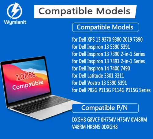 Vista 2 de DXGH8 Batería para Dell XPS 13 9370 9380 2019 Inspiron 13 7390 7391 2 en 1 5390 5391 7490 Latitude 3301 E3301 Vostro 5390 5391 0H75490 V G8VCC F