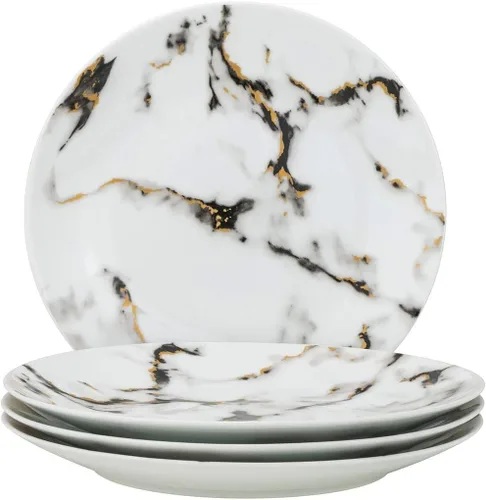 Vista 2 de Juego de comedor de mármol vajilla de porcelana fina con acento de placa de oro de 24 quilates - Servicio para 4