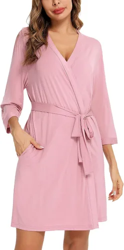Vista 3 de Anjue Bata para mujer, kimono, bata corta de bambú, suave, ropa de dormir para mujer, tallas S-XXL