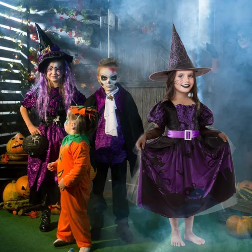 Vista 3 de XIFEINIU Disfraz de bruja de Halloween, conjunto de lujo, vestido morado para niñas