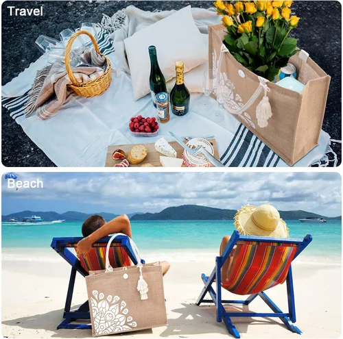 Vista 6 de itgowisa Bolsas de playa para mujer, lindas bolsas de yute reutilizables a la moda para playa, compras, viajes, regalo (grande y pequeña)