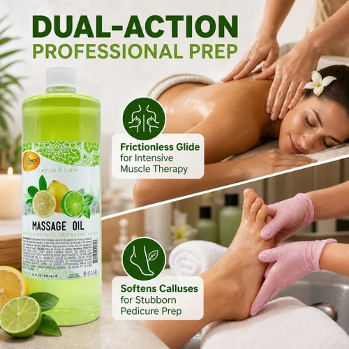 Vista 3 de SPA REDI Aceite de masaje de limón y lima, mezcla botánica de 5 aceites para preparación de tejidos profundos y pedicura, absorción rápida sin