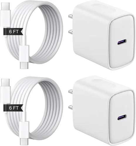 Vista 25 de Cargador de carga rápida para iPhone 17, 16, 15, paquete de 2+2 cargadores de pared USB C de 20 W con cable de carga rápida de 6 pies compatible