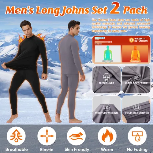 Vista 3 de CL convallaria 2 Pack Thermal Underwear for Men - Warm Fleece Lined Long Johns - Winter Gear Base Layer Tops & Bottoms Set
