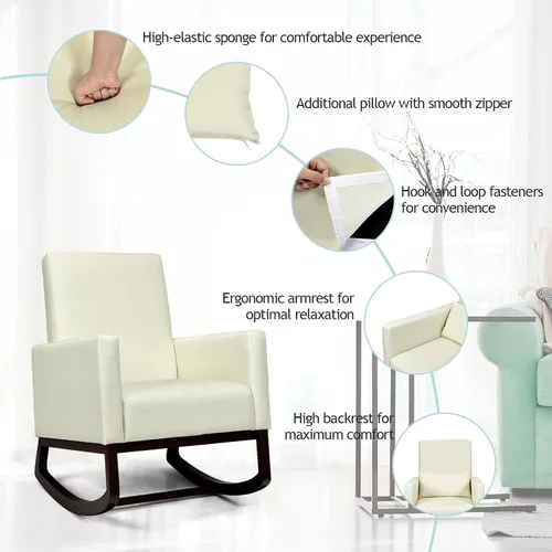 Vista 7 de S AFSTAR Silla mecedora tapizada de tela con respaldo alto con 2 tipos de patas sólidas y almohada, silla moderna de doble uso, sala de estar Beige