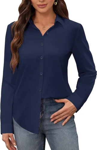 Vista 23 de Siliteelon - Camisas de vestir para mujer, a prueba de manchas, sin arrugas, de manga larga, sólidas, para trabajo y negocios, con botones
