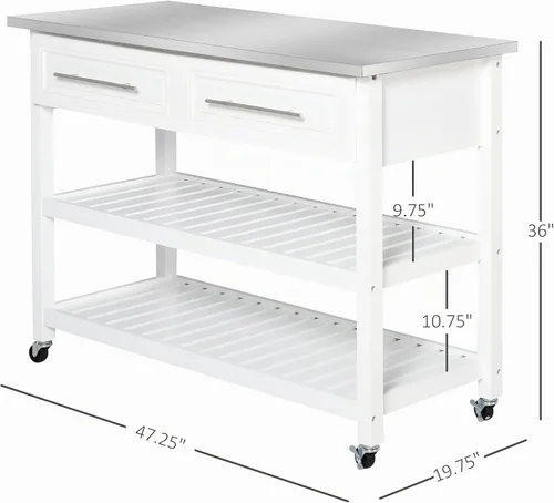 Vista 7 de HOMCOM - Isla de cocina, parte superior de acero inoxidable, estantes abiertos de 2 niveles, color blanco Isla de cocina tradicional