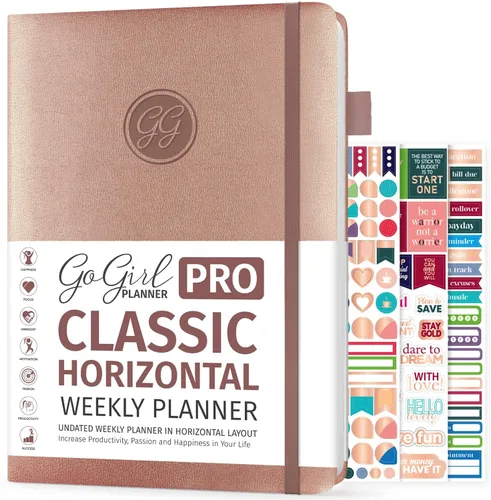 Vista 9 de GoGirl Planner Pro: Agenda semanal y organizador con diseño horizontal + páginas de seguimiento de presupuestos y gastos, diario de objetivos, sin