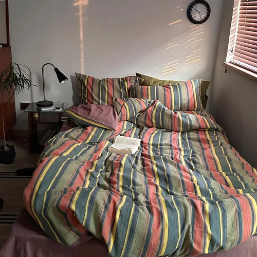 Vista 3 de mixinni Juego de funda de edredón vintage a rayas, tamaño twin, juego de ropa de cama de 3 piezas, 100% algodón lavado, suave y transpirable, funda