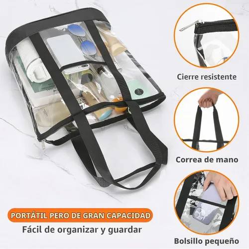 Vista 3 de HAOGUAGUA Bolsa de viaje de maquillaje cosmética transparente extra grande, bolsa de hombro de PVC transparente impermeable con asas (Negro)