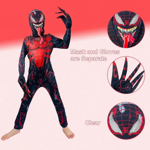 Vista 7 de LULUNEE Disfraz de superhéroe para niños, overol de cosplay de Halloween, estilo 3D rojo (110)