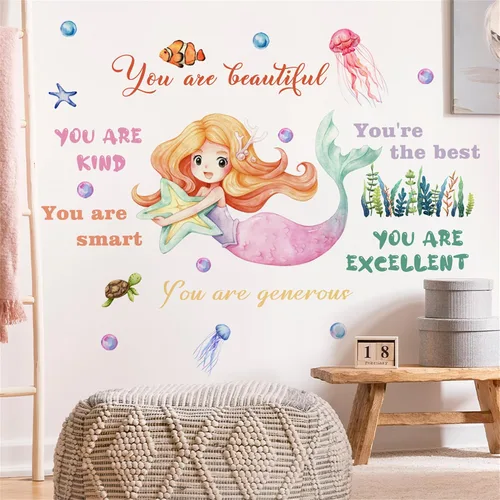 Vista 3 de WAFT YEARN Vinilo extraíble con diseño de sirenas y medusas subacuáticas de animales del océano, decoración de pared para guardería, escuela, aula