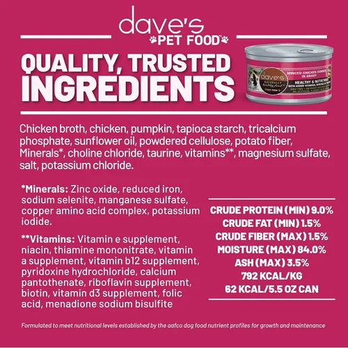 Vista 6 de Dave's Pet Food Grain Free Wet Cat Food (Minced Chicken in Gravy), Naturally Healthy Canned, Added Vitamins & Minerals, Wheat, Gluten & GMO-Free