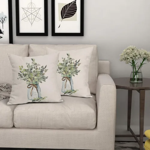 Vista 6 de Juego de 2 fundas de almohada de hojas de eucalipto verdes de 18 x 18 pulgadas, para primavera y verano, para sofá, estilo granja, acuarela