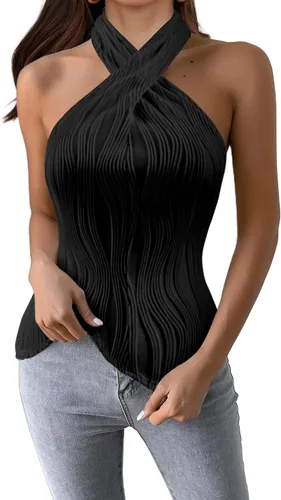 Vista 4 de SOFIA'S CHOICE Camiseta sin mangas sexy con cuello halter para mujer, con textura cruzada