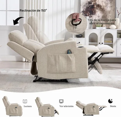 Vista 3 de CANMOV Silla reclinable manual con masaje y calor, cómoda silla reclinable con brazos y respaldo sobrerellenos, sofá individual reclinable manual