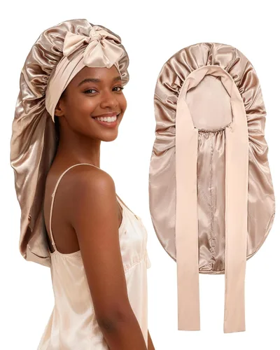Vista 8 de AWAYTR - Gorro de satén para trenzas y cabello largo durmiendo para mujeres Long Satin Sleep Cap With Adjustable Tie Band, Protecting Braids Curly