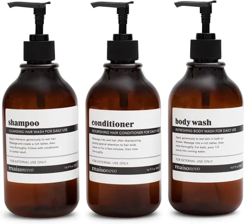 Vista 9 de MaisoNovo Botellas recargables de champú y acondicionador Juego de 3 botellas de plástico ámbar de 16.9 fl oz con bombas de bambú negras