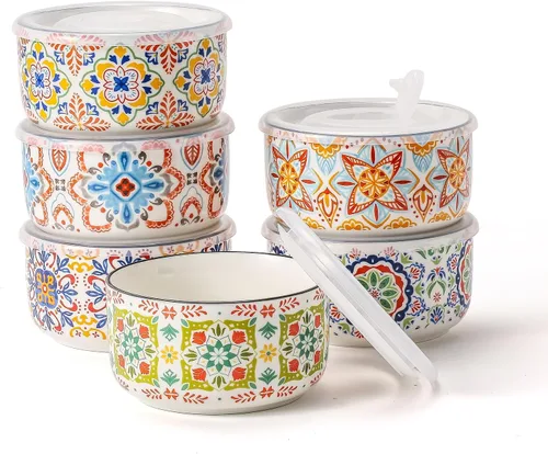 Vista 9 de Cuenco de cerámica con tapa, apto para microondas, juego de 4 Food Storage Containers for Soup, Meal Prep, Cereal, Salad Leftovers - Picnic