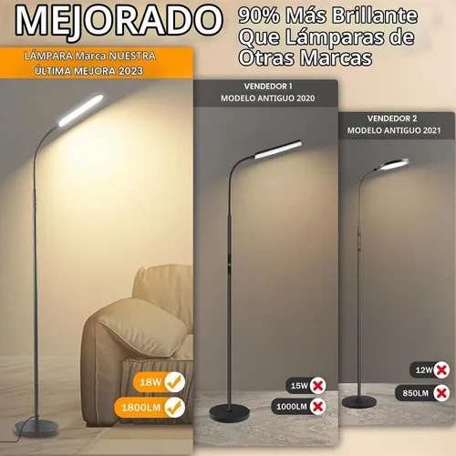 Vista 2 de marctronic Lámpara de pie LED gris, 18W 1800LM Lámparas de pie brillantes con control remoto y funciona con enchufe inteligente, luz de lectura Gris