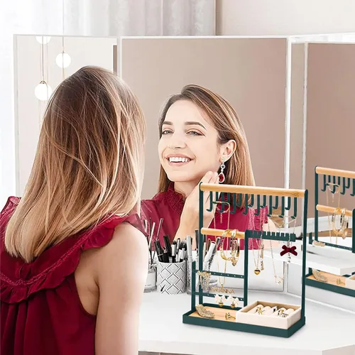Vista 8 de Soporte organizador de joyas con soporte de terciopelo para anillos, organizador de joyas de 4 niveles con 15 ganchos, organizador de collares