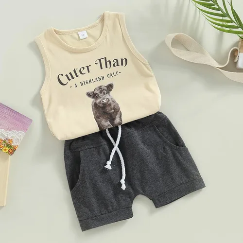 Vista 2 de Gueuusu Ropa de bebé occidental para niño, camiseta sin mangas con estampado de vaca de las tierras altas para niños pequeños, conjunto