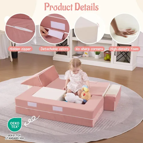 Vista 6 de Bloques de escalada de espuma para niños pequeños Sofá modular para niños con 2 otomanas en interiores, juego plegable suave para gatear