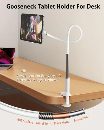 Vista 4 de Soporte para tableta de cuello de cisne para cama, soporte ajustable para tablet para escritorio, soporte de brazo largo flexible para lectura