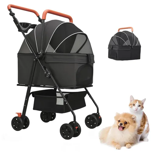 Vista 4 de Cochecito para mascotas para perros medianos y pequeños – Cochecito plegable de 4 ruedas con cesta de almacenamiento, transportador para perros