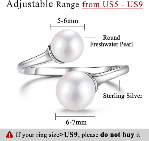 Vista 2 de Anillo de 2 perlas de plata de ley con perlas dobles para mujer, anillos de piedra natal de junio ajustable 925 para adolescentes y niñas con piedra