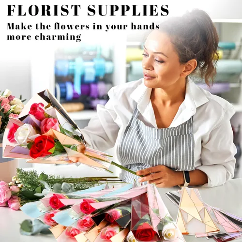 Vista 7 de Geyee 300 bolsas de envoltura de una sola flor con manga de rosa, bolsa de celofán floral de plástico impermeable para suministros de bar floral
