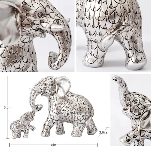 Vista 4 de Estatua de elefante plateado vintage. Figuras de elefante que inspiran buena suerte, salud. Regalos únicos de elefante para mujeres, mamás. Adornos
