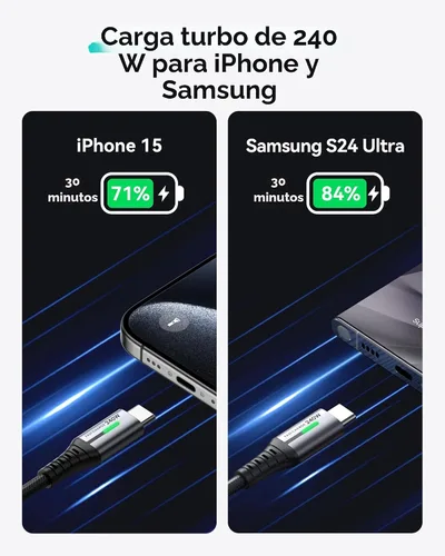 Vista 2 de INIU Cable USB C a USB C de 240 W, cable tipo C de carga rápida [1 pie+1 pie] Nylon Braided, Fast Charging, LED Indicator, USB-C Data Transfer
