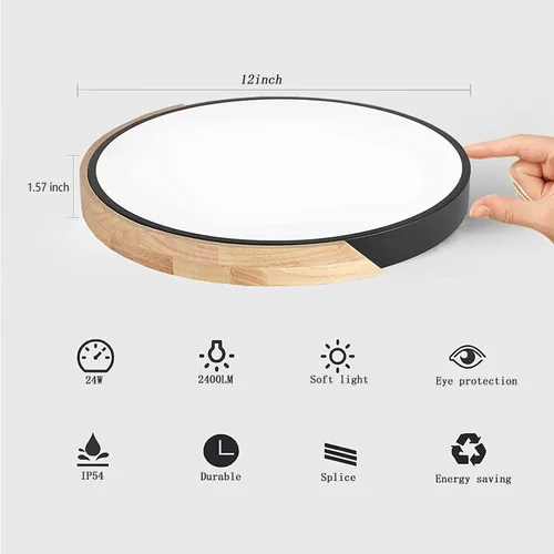 Vista 3 de Lámpara de techo LED de madera de montaje empotrado, 3CCT 3000K-6500K moderna negra cerca de las luminarias del techo, lámpara de techo redonda