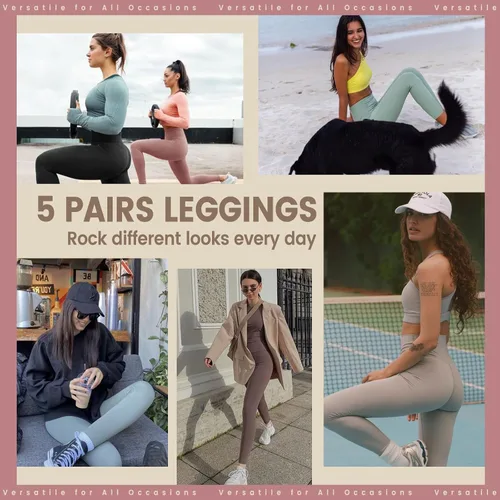 Vista 4 de Opuntia Paquete de 5 leggings para mujer, cintura alta, control de abdomen, suaves, color negro, pantalones de yoga adelgazantes para entrenamiento
