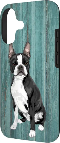 Vista 2 de Boston Terrier Faux Blue Wood Background Case for iPhone 17