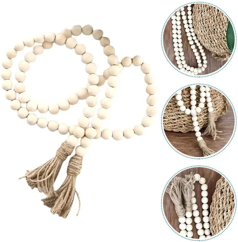 Vista 2 de IMIKEYA Guirnalda de cuentas de madera con borlas de 57 pulgadas, decoración rústica natural de granja para centros de mesa del hogar, bandejas Beige