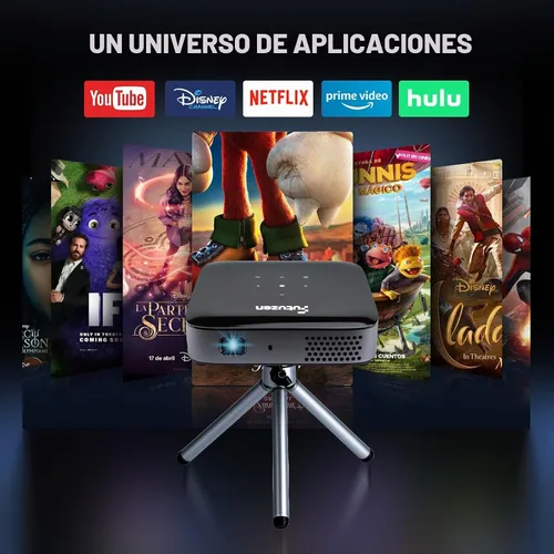 Vista 3 de Mini proyector portátil con altavoz de batería recargable y tirpod, proyector pico de 1080P (entrada 4K), sistema de transmisión integrado