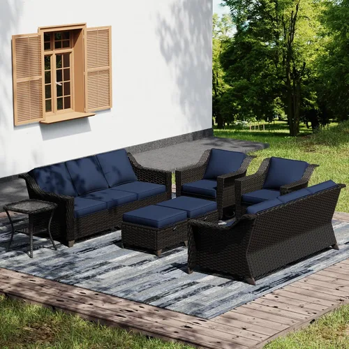 Vista 38 de Joyside Juego de 2 sillas de mimbre para patio, muebles de ratán para exteriores con reposabrazos anchos y cojines gruesos, tamaño grande mejorado