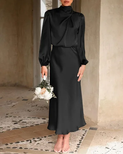 Vista 2 de BTFBM Vestido de satén con cuello alto falso para mujer, elegante, manga larga, cintura alta, formal, para boda, cóctel, fiesta, maxi vestidos