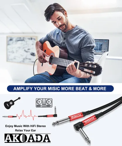 Vista 3 de AkoaDa Cable de guitarra de 1/4 de 20 pies, paquete de 2 unidades, cable TS para guitarra eléctrica de ángulo recto compatible con guitarra, bajo