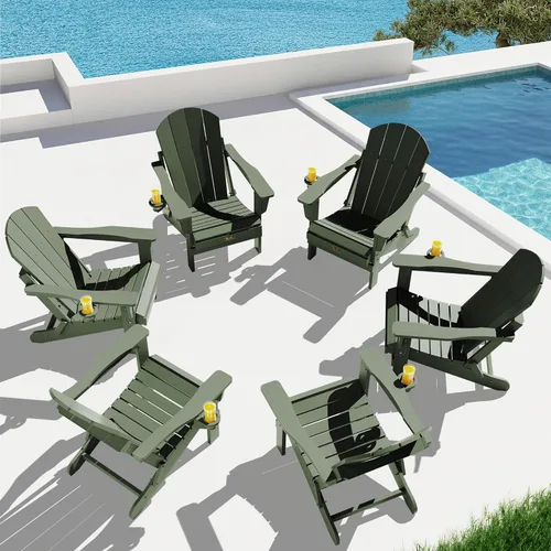 Vista 2 de SERWALL Silla Adirondack plegable para exteriores, silla de patio con portavasos - Ejército