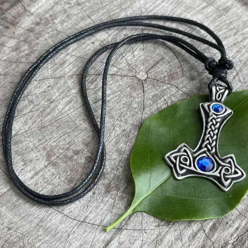 Vista 7 de Joyería vikingo celta nórdico Mjolnir joya azul cristal THORS Mjölnir Thor's Hammer Thor protección amuleto peltre hombre colgante collar riqueza
