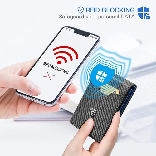Vista 5 de GSOIAX Billetera delgada para hombre con bloqueo RFID carteras plegables para hombre minimalista cuero auténtico fibra de carbono clip para dinero