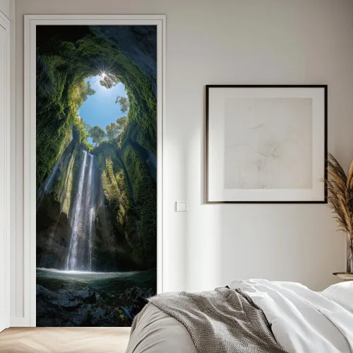Vista 5 de arricraft 2 piezas de pegatinas adhesivas para puerta, 31.5"x78.7" adhesivos de pared 3D con patrón de cascadas de cuevas, vinilo para puertas