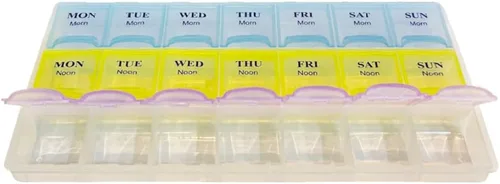 Vista 2 de Organizador semanal de píldoras con tapas a presión, 7 días por la mañana, mediodía, noche, para píldoras, vitaminas.