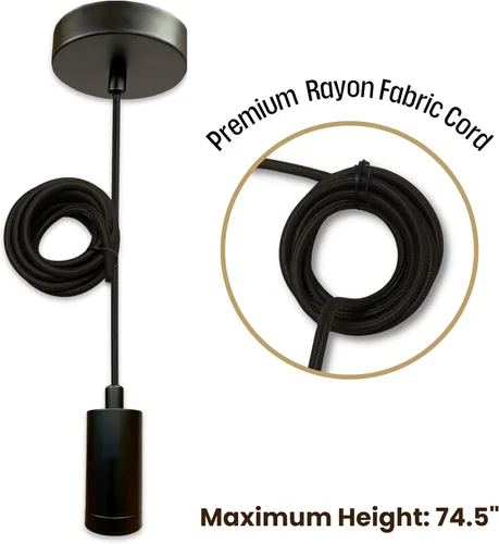 Vista 3 de Royal Designs, Inc. Juego de 2 lámparas colgantes con forma de cilindro sin llave, acabado negro con cable de tela de rayón negro, juego de 2