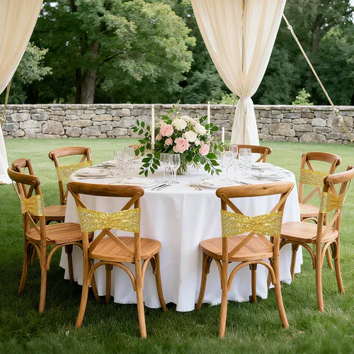 Vista 5 de SquarePie Paquete de 20 bandas de lentejuelas para silla, lazos dorados con purpurina para decoración de banquetes de boda, fiesta