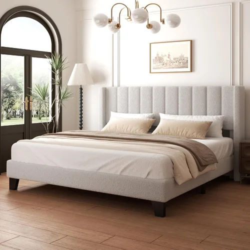 Vista 8 de Base de cama tamaño matrimonial con cabecero, marco de cama plataforma tapizado con cabecero de terciopelo tipo osito de peluche, soporte